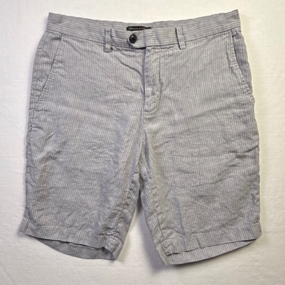 Banana Republic Aiden Shorts Mens 32 Gray White Pinstripe 100% Linen Summer-2688